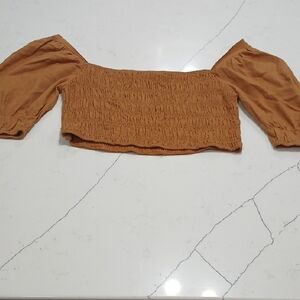 Brown Smocked Puff Sleeve Crop Blouse